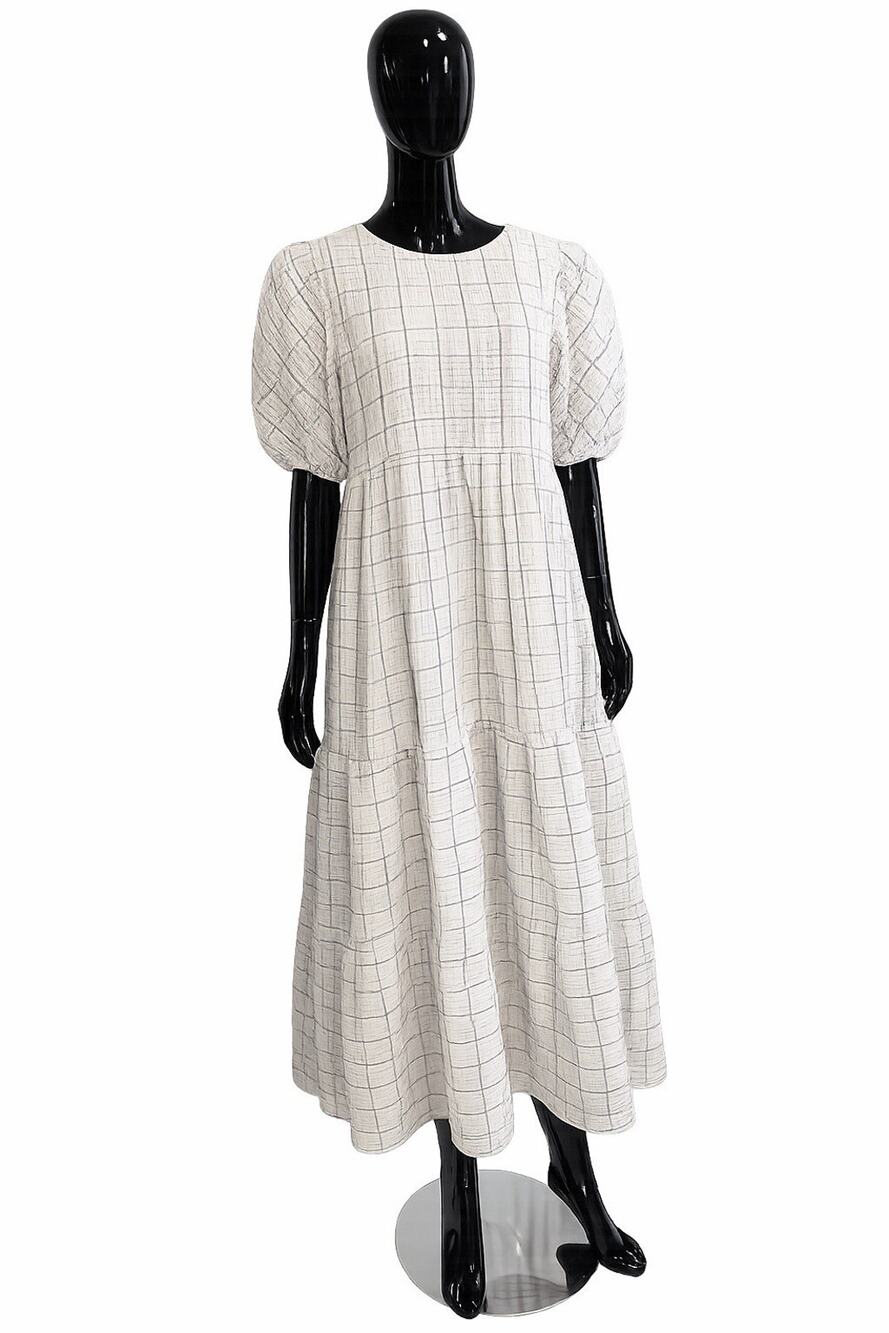 English Factory Plaid Textured Tiered Maxi Dress Tie Neck Puff Sleeve Large